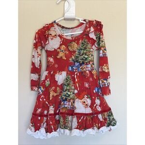 Bums & Roses Red Christmas Holiday Santa Claus Bamboo Eyelet Trim Twirl Dress 2T